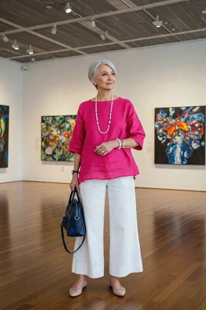 Magenta Boatneck Blouse + White Wide-Leg Trousers + Nude Ballet Flats