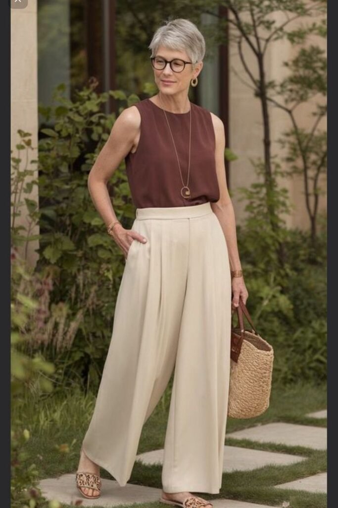 Maroon Sleeveless Blouse + Beige High-Waisted Wide-Leg Trousers + Leopard Print Slides