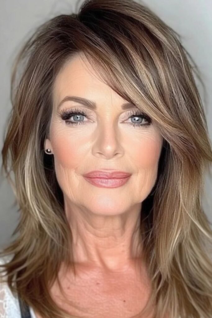 Medium-Length Layered Hair with Side-Swept Bangs