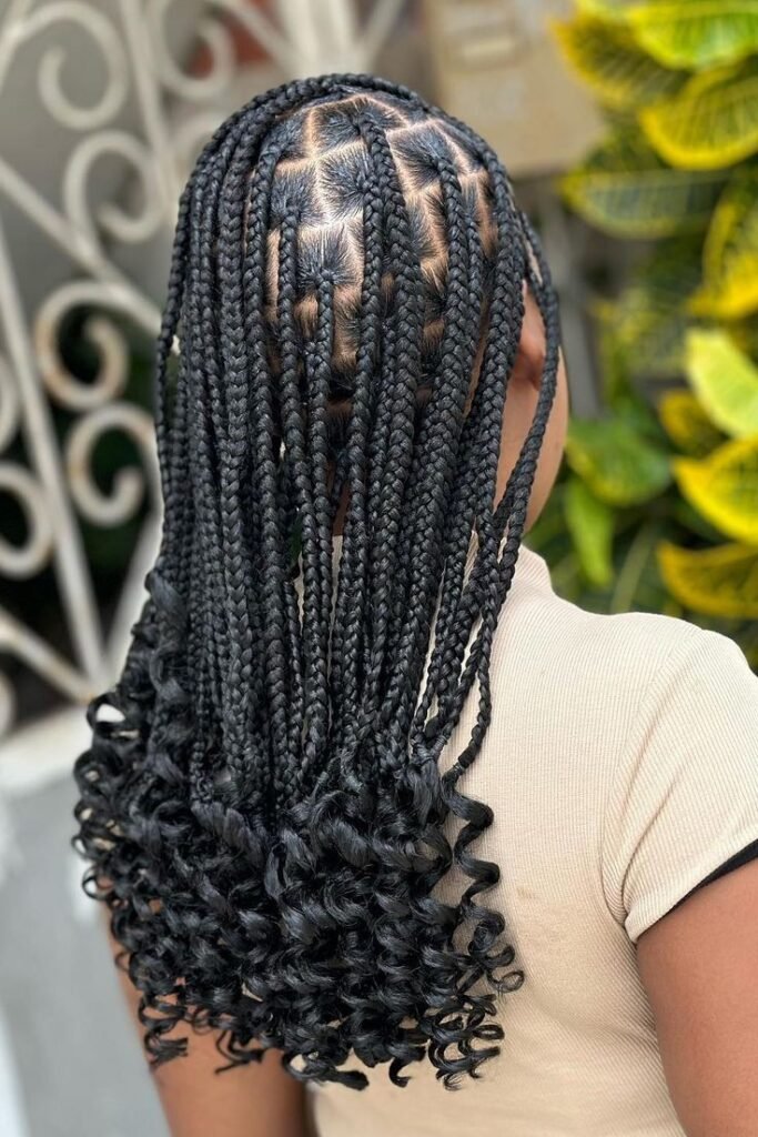 Medium Square-Parted Box Braids with Curled Ends