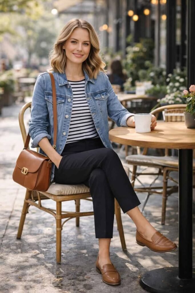 Medium Wash Denim Jacket + Striped T-Shirt + Black Cropped Trousers + Brown Leather Loafers