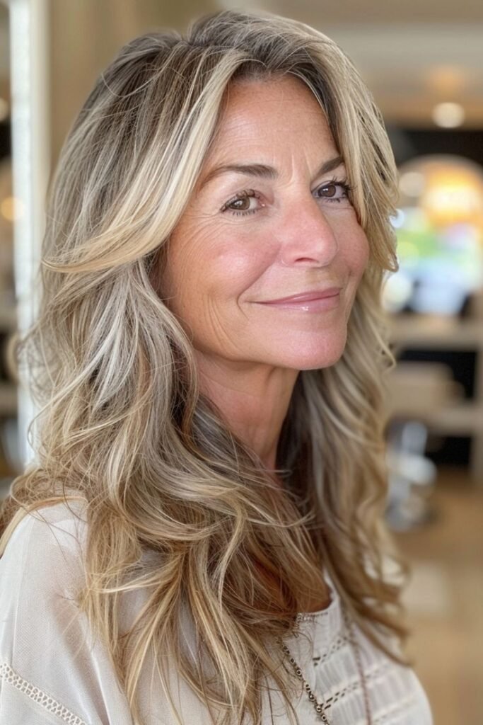 Messy Beach Waves with Golden Face-Framing Highlights
