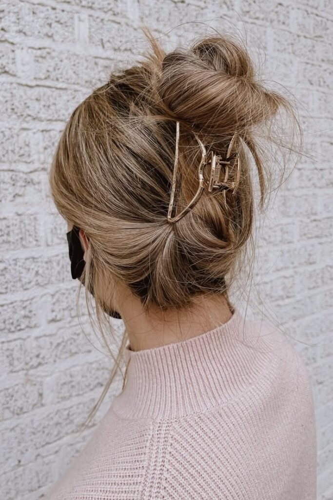 Messy High Bun with Gold Geometric Claw Clip