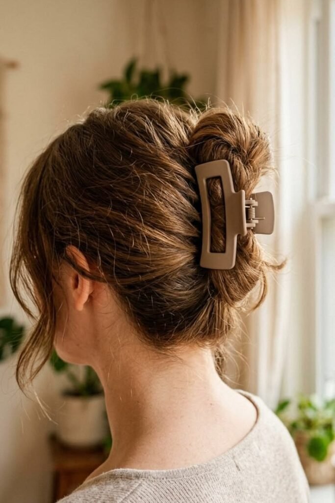 Messy High Bun with Neutral Rectangular Claw Clip and Face-Framing Strands