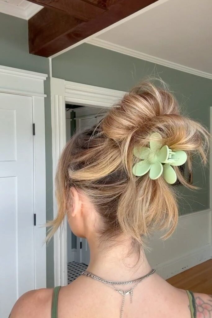 Messy High Bun with Sage Green Flower Claw Clip