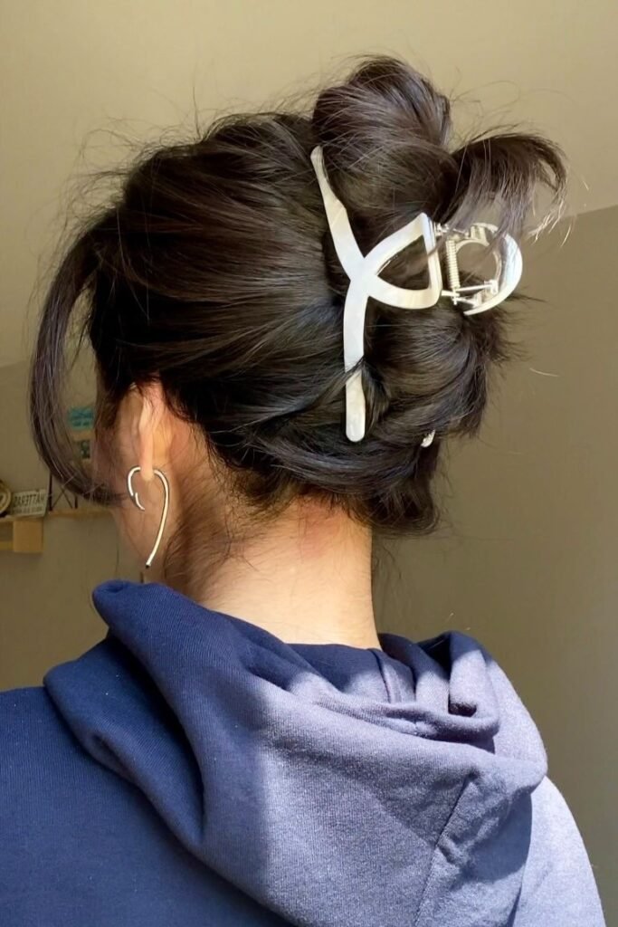Messy High Bun with Silver Geometric Hair Claw