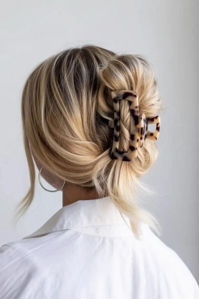 Messy Mid-Length Updo with Tortoise Shell Rectangular Claw Clip
