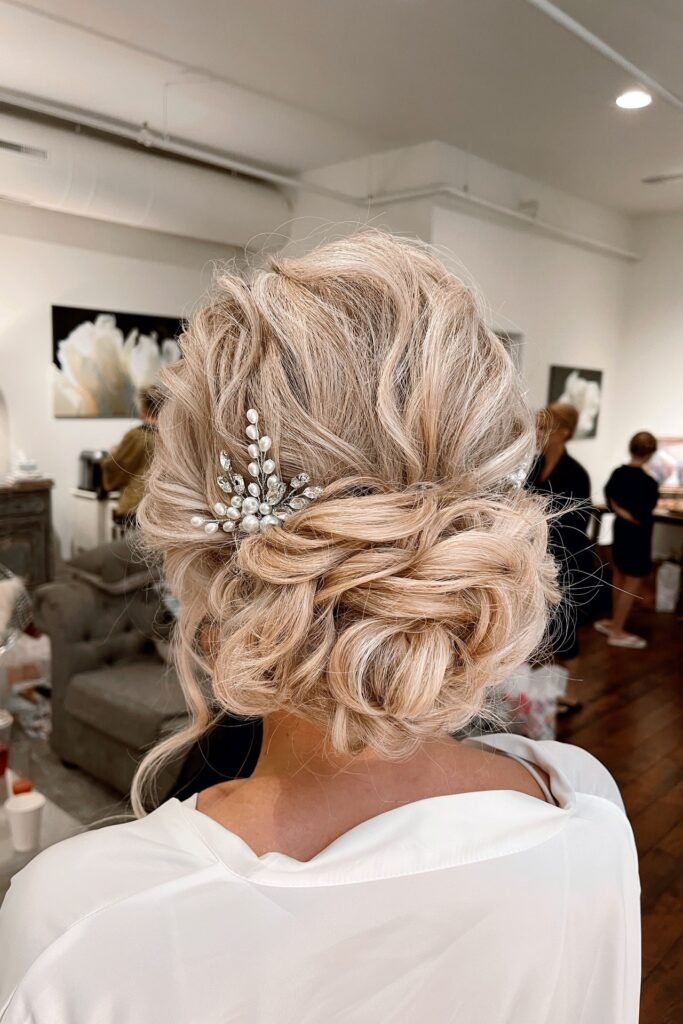 Messy Romantic Low Bun with Pearl Floral Hairpiece