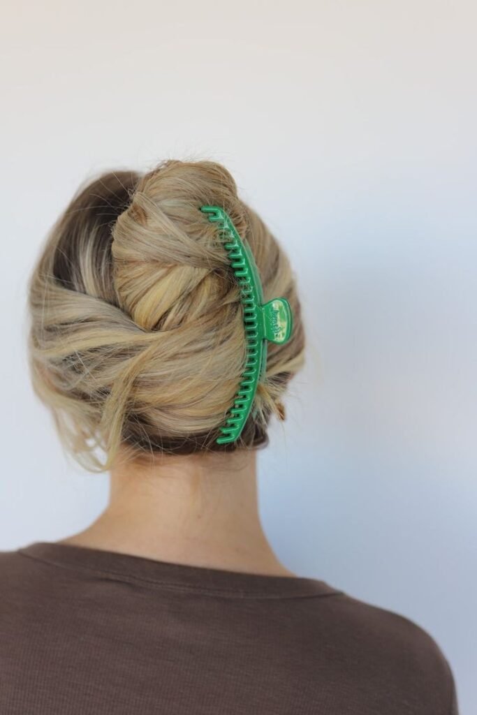 Messy Twisted Updo with Vibrant Green Vertical Matte Claw Clip
