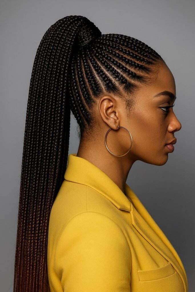 Micro-Braided High Ponytail with Statement Hoop Earrings