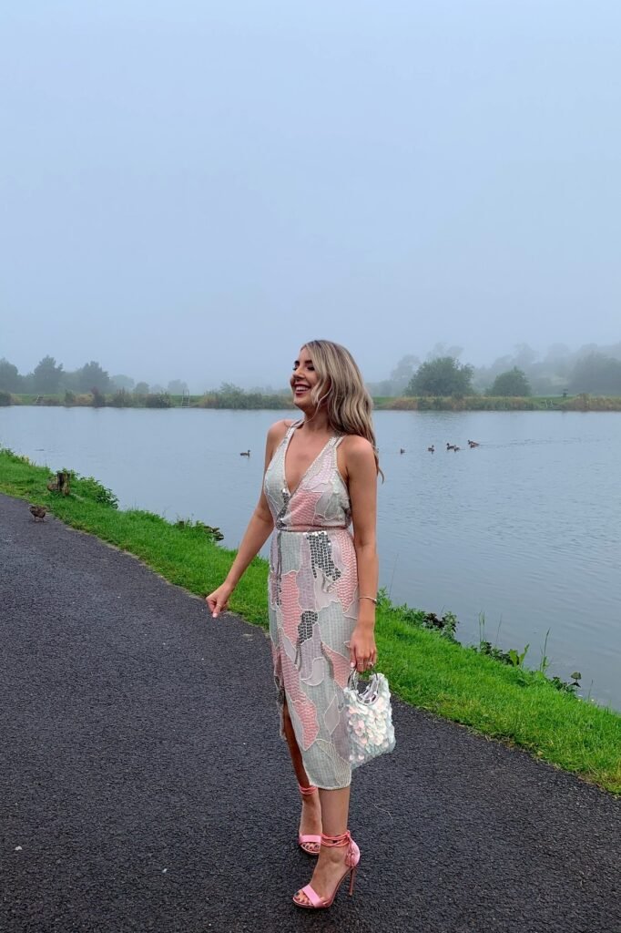 Multi-color Pastel Sequined Midi Dress + Pink Wrap-around Heels + White Sequin Mini Bag