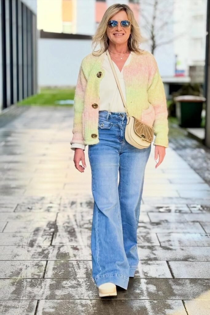 Multicolor Pastel Cardigan + Light Wash Wide-Leg Jeans + Cream Platform Shoes