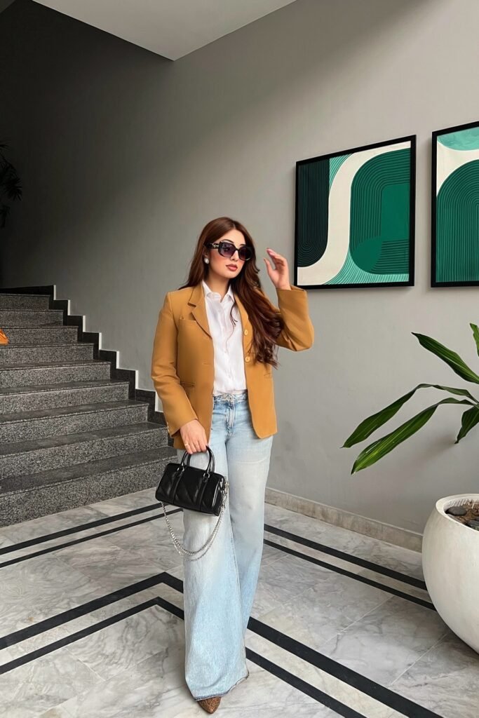 Mustard Yellow Blazer + White Button-Down Shirt + Light Wash Wide-Leg Jeans + Leopard Print Heels