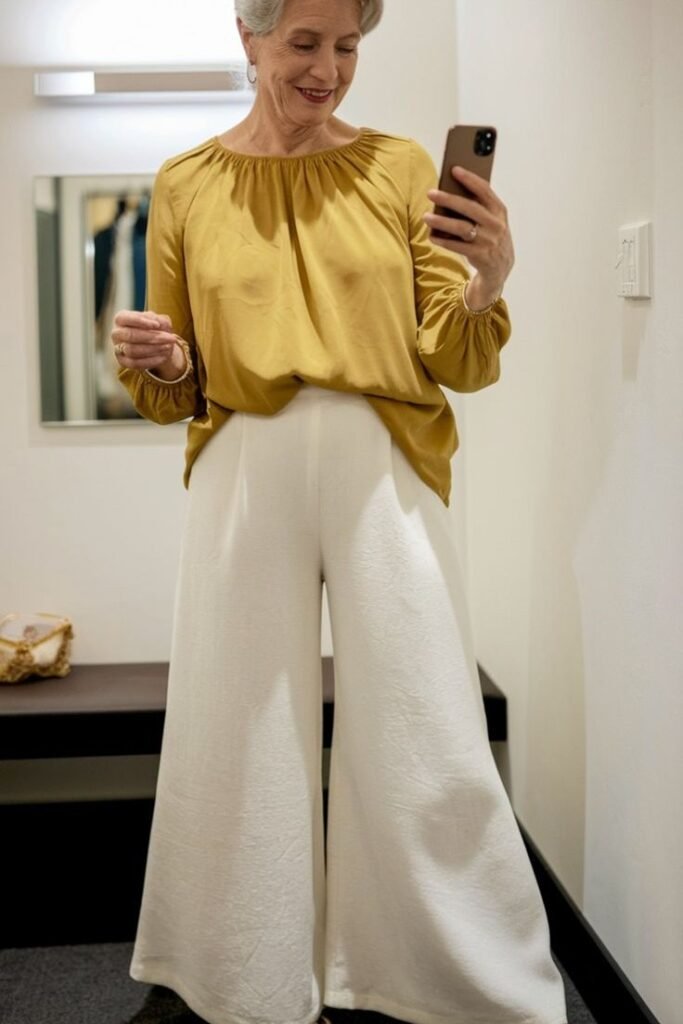 Mustard Yellow Gathered Blouse + White Extra Wide-Leg Trousers + Gold Accessories