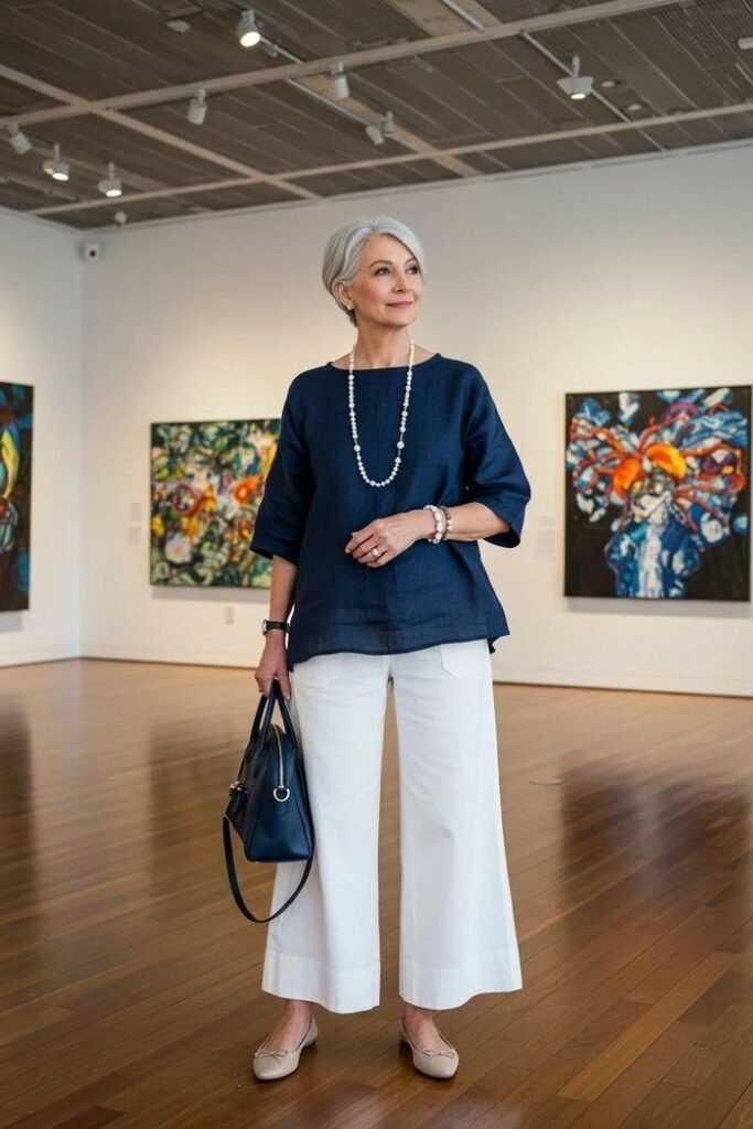 Navy Boatneck Tunic + White Wide-Leg Culottes + Beige Ballet Flats