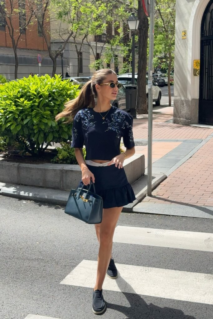 Navy Embellished Short-Sleeve Top + Navy Ruffled Mini Skirt + Black Loafers