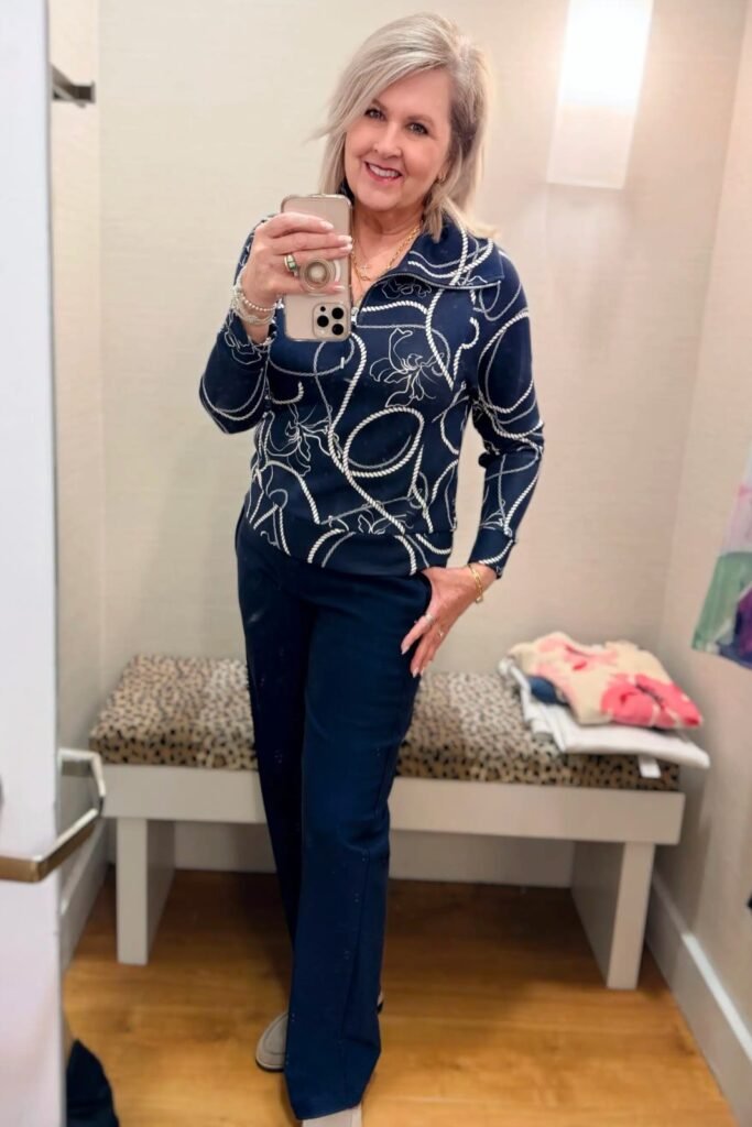 Navy Nautical Print Quarter-Zip Pullover + Navy Straight-Leg Trousers + Grey Loafers