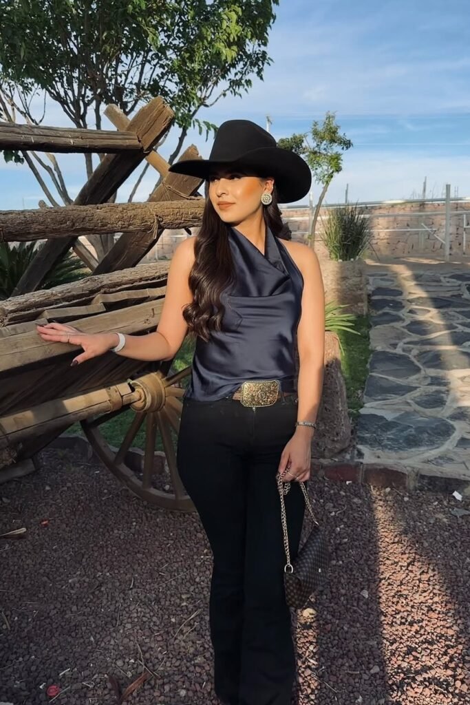 Navy Satin Halter Top + Black Flare Jeans + Black Cowboy Hat