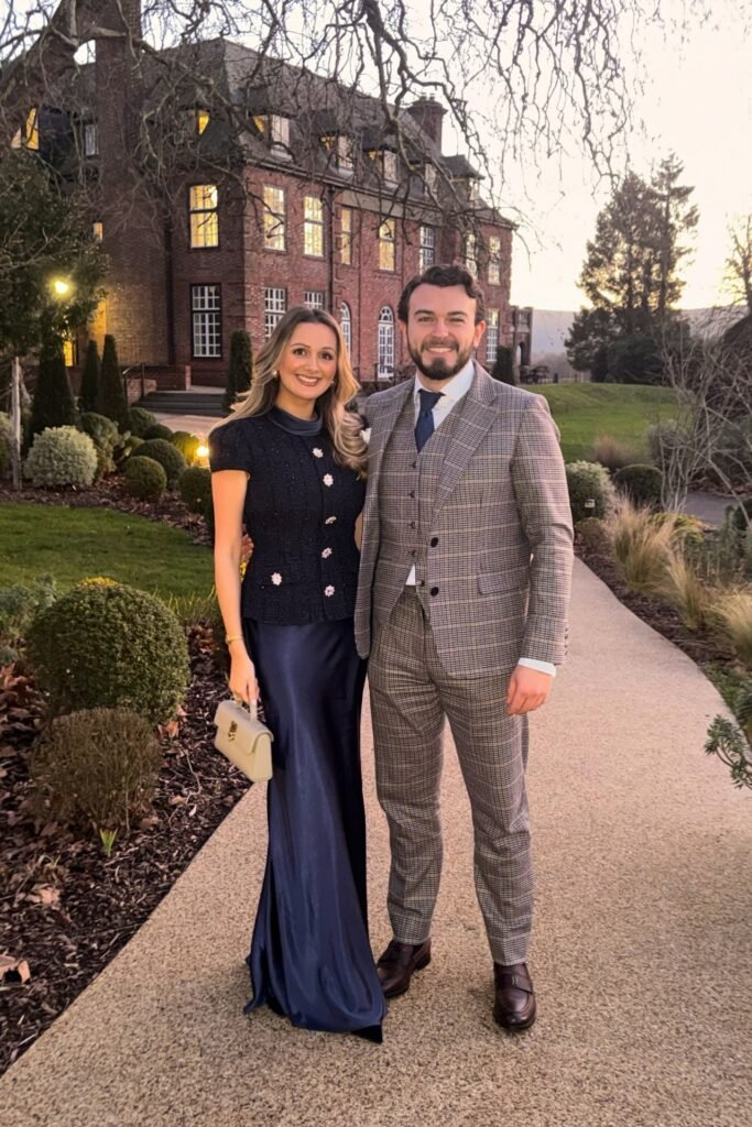 Navy Tweed Short-Sleeve Top with Flower Buttons + Navy Satin Maxi Skirt + Beige Top-handle Bag