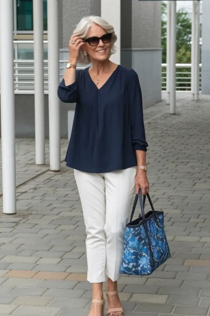 Navy V-Neck Blouse + White Slim-Fit Trousers + Nude Heeled Sandals