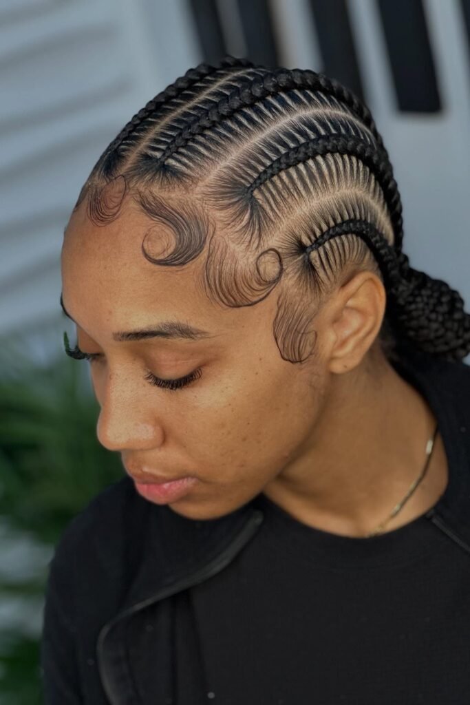 Neat Horizontal Stitch Braids with Deep Finger Wave Edges