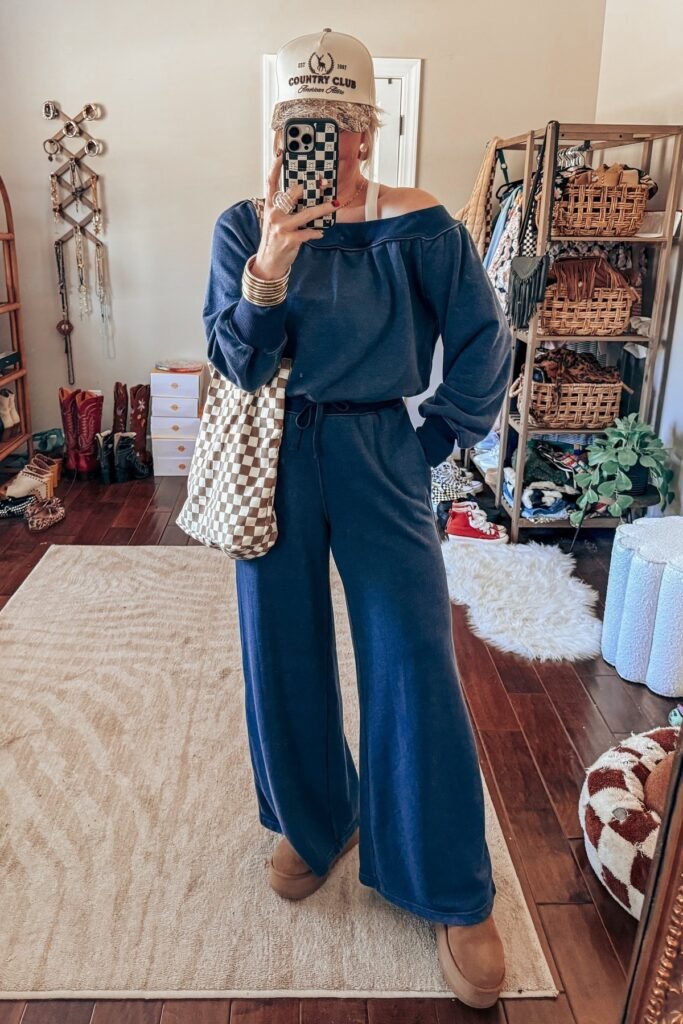 Off-the-Shoulder Navy Lounge Set + Tan Platform Boots + Checkered Tote Bag + Beige Baseball Cap