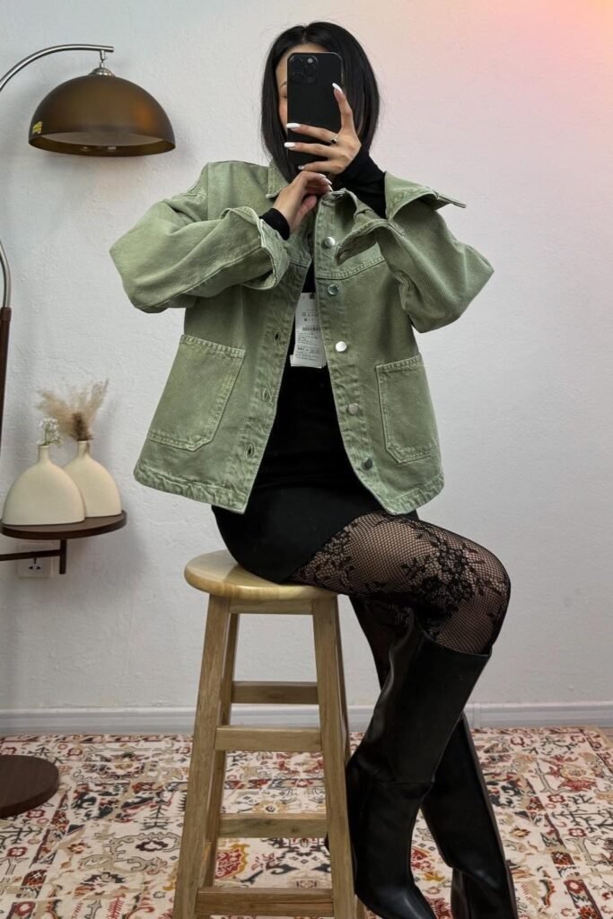 Olive Green Denim Jacket + Black Mini Dress + Floral Patterned Tights + Black Knee-High Boots