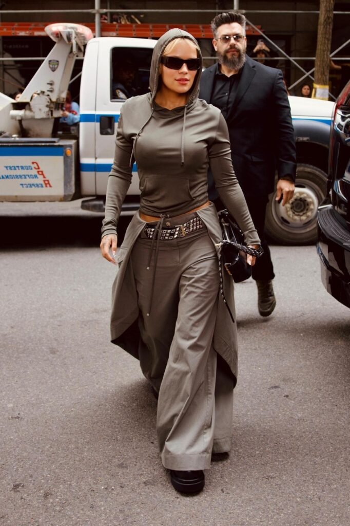 Olive Green Hooded Long-Sleeve Top + Matching Wide-Leg Layered Trousers + Black Platform Boots