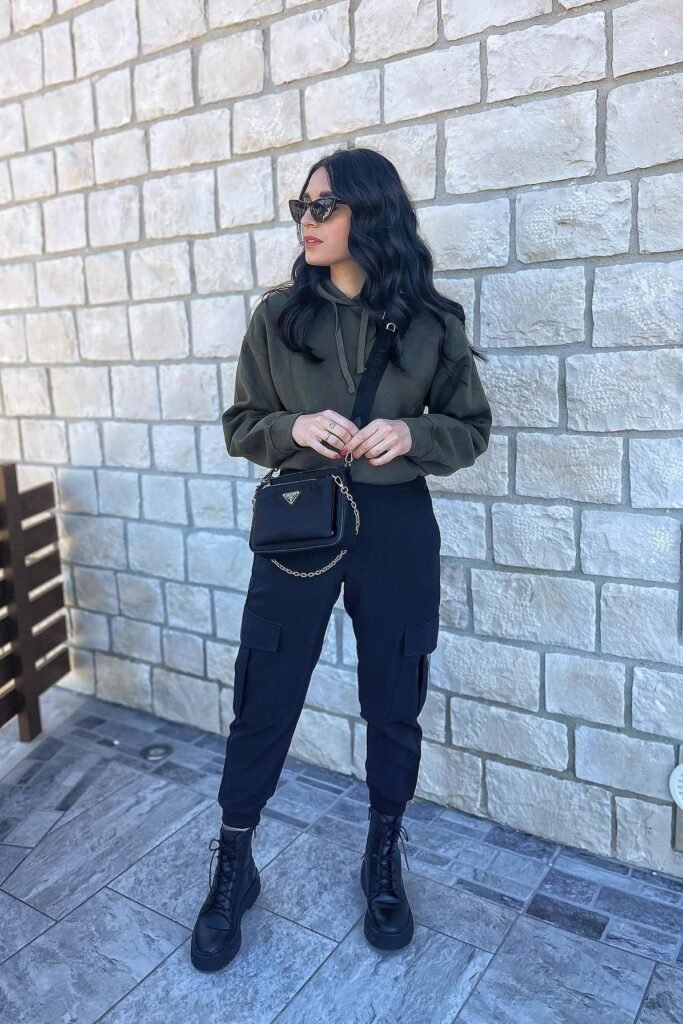 Olive Green Hoodie + Black Cargo Joggers + Black Chunky Lace-Up Boots