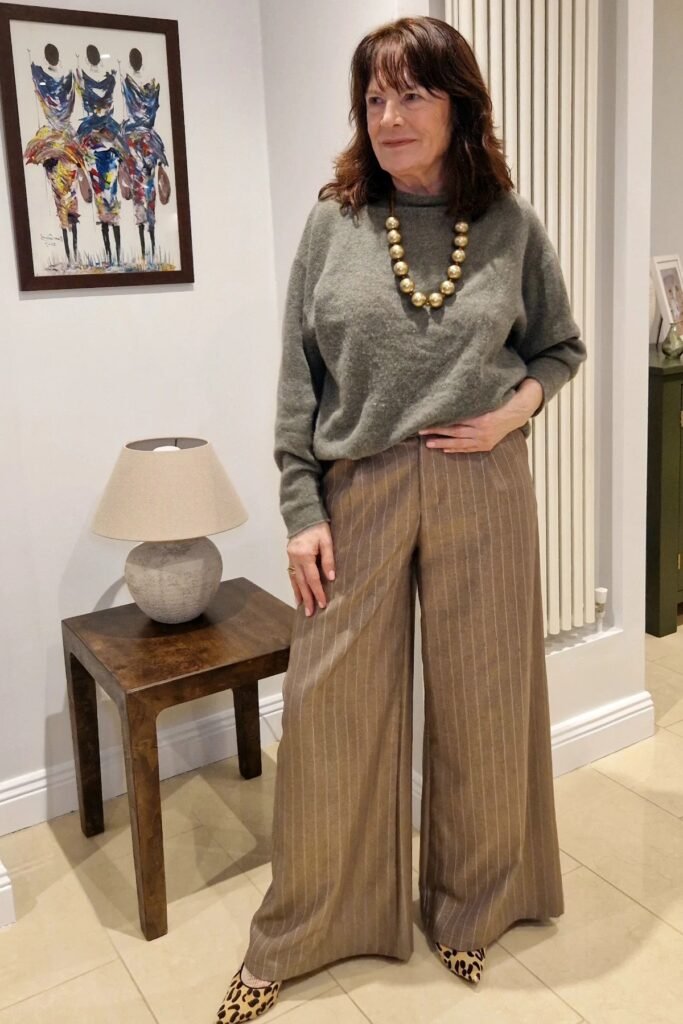 Olive Green Oversized Sweater + Pinstriped Wide-Leg Trousers + Leopard Print Heels