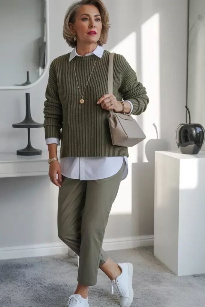 Olive Green Ribbed Sweater + White Collared Shirt + Olive Chinos + White Sneakers