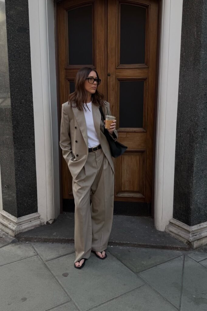 Oversized Beige Double-Breasted Suit + White T-Shirt + Black Leather Tote + Black Flip Flops