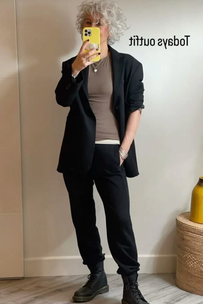 Oversized Black Blazer + Taupe Fitted Top + Black Joggers + Black Lace-up Boots