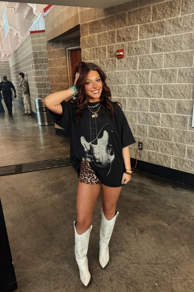 Oversized Black Graphic T-Shirt + Leopard Print Mini Shorts + White Cowboy Boots