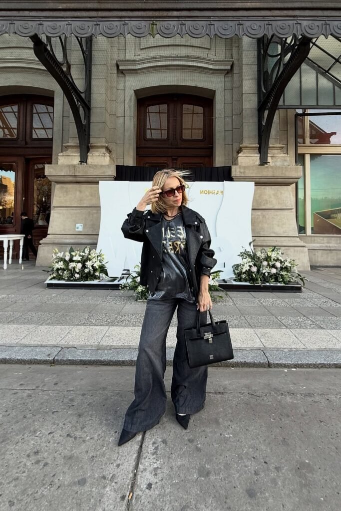 Oversized Black Moto Jacket + Graphic Tee + Dark Grey Wide-Leg Jeans + Black Pointed Heels