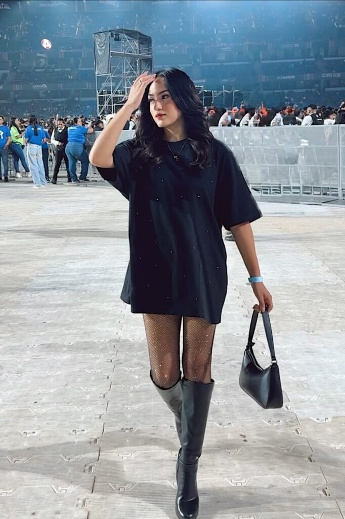 Oversized Black T-Shirt + Rhinestone Fishnet Tights + Black Knee-High Boots
