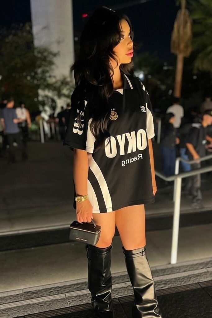 Oversized Black and White Jersey + Black Leather Knee-High Boots + Mini Black Handbag