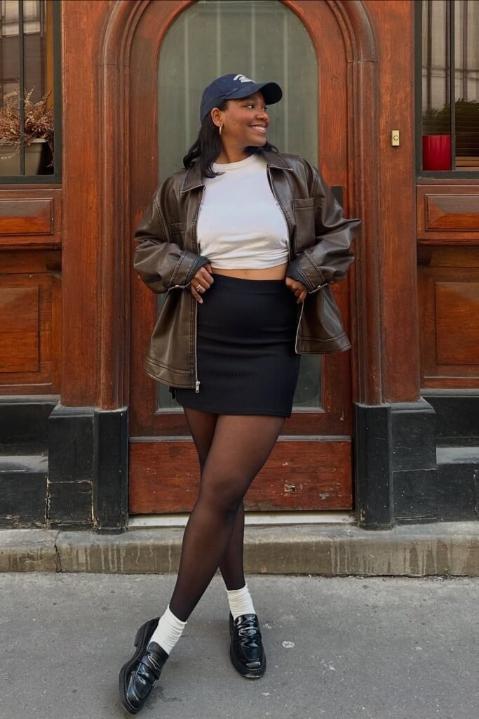 Oversized Brown Leather Jacket + White Crop Top + Black Mini Skirt + Black Loafers with White Socks