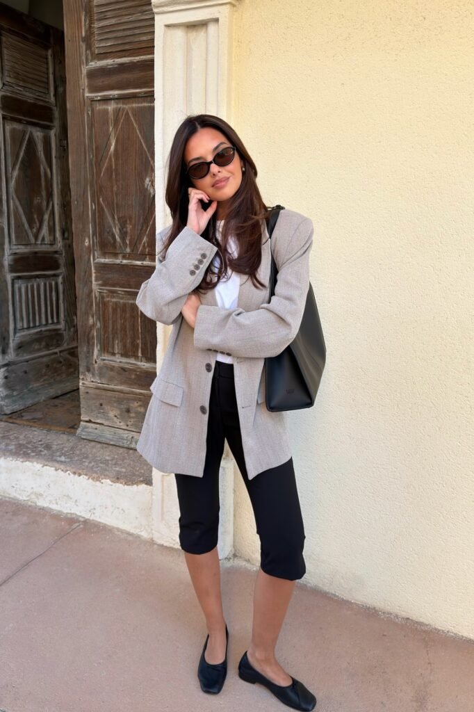 Oversized Grey Blazer + White T-Shirt + Black Capri Leggings + Black Square-Toe Ballet Flats