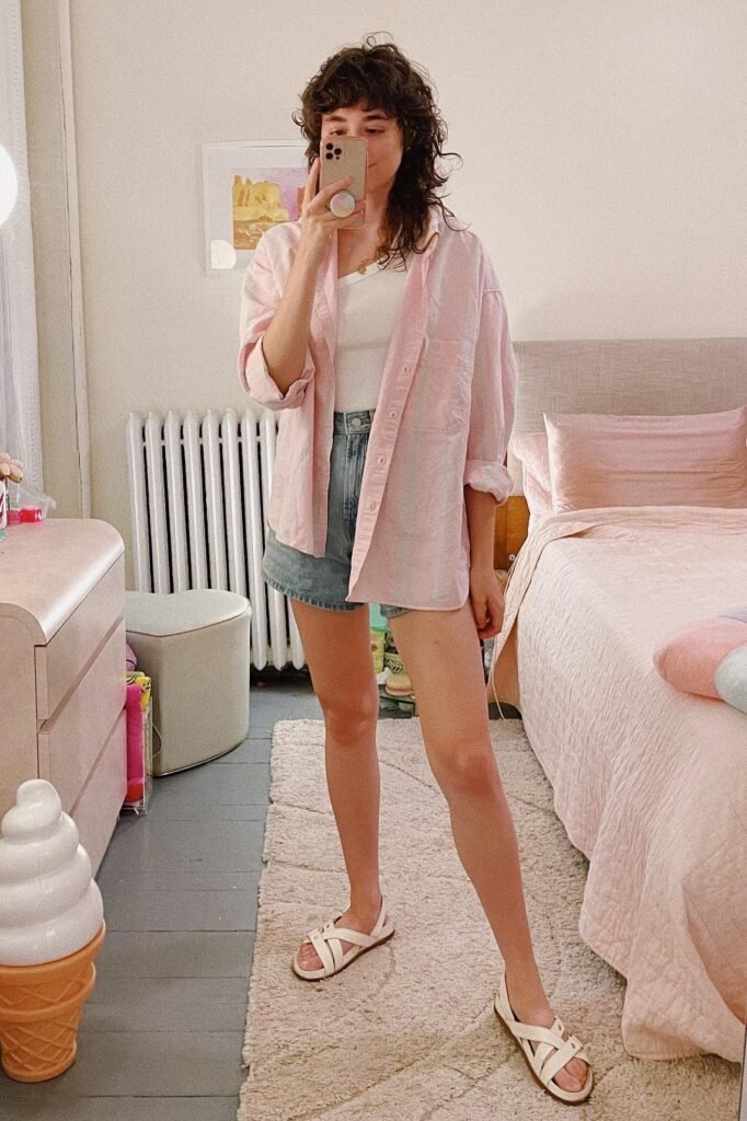 Oversized Pink Button-Down + White Tank Top + Denim Shorts + White Strappy Sandals