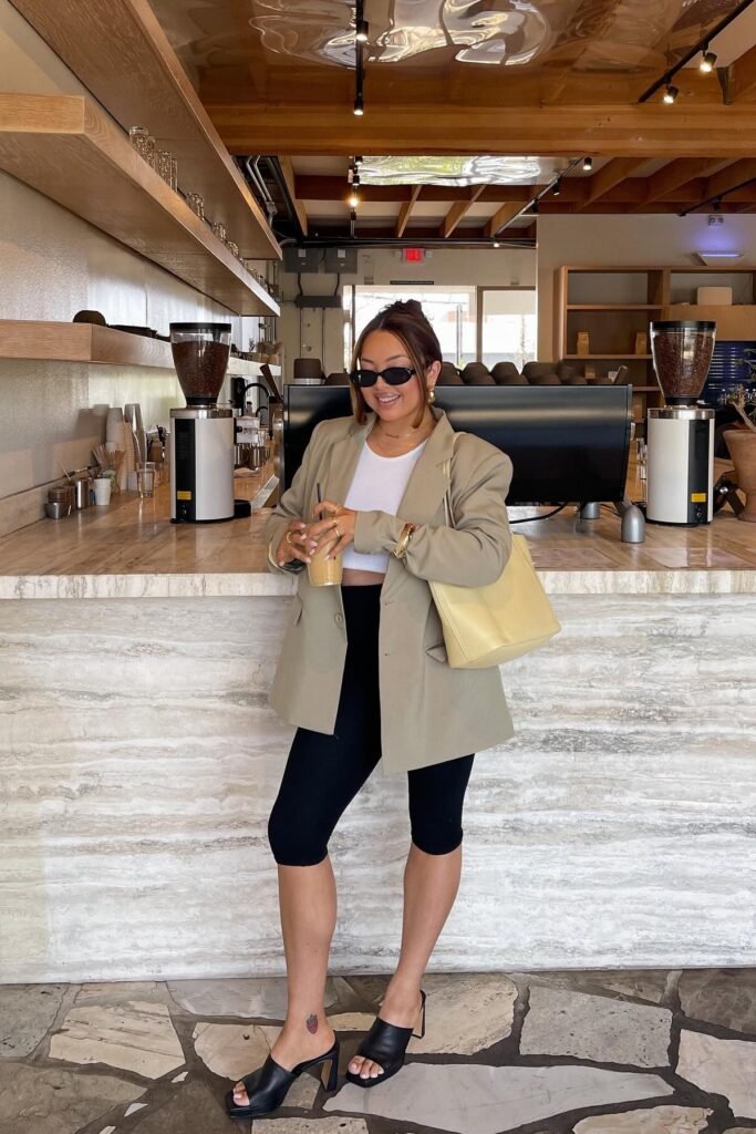 Oversized Sage Green Blazer + White Crop Top + Black Capri Leggings + Black Square-Toe Mules