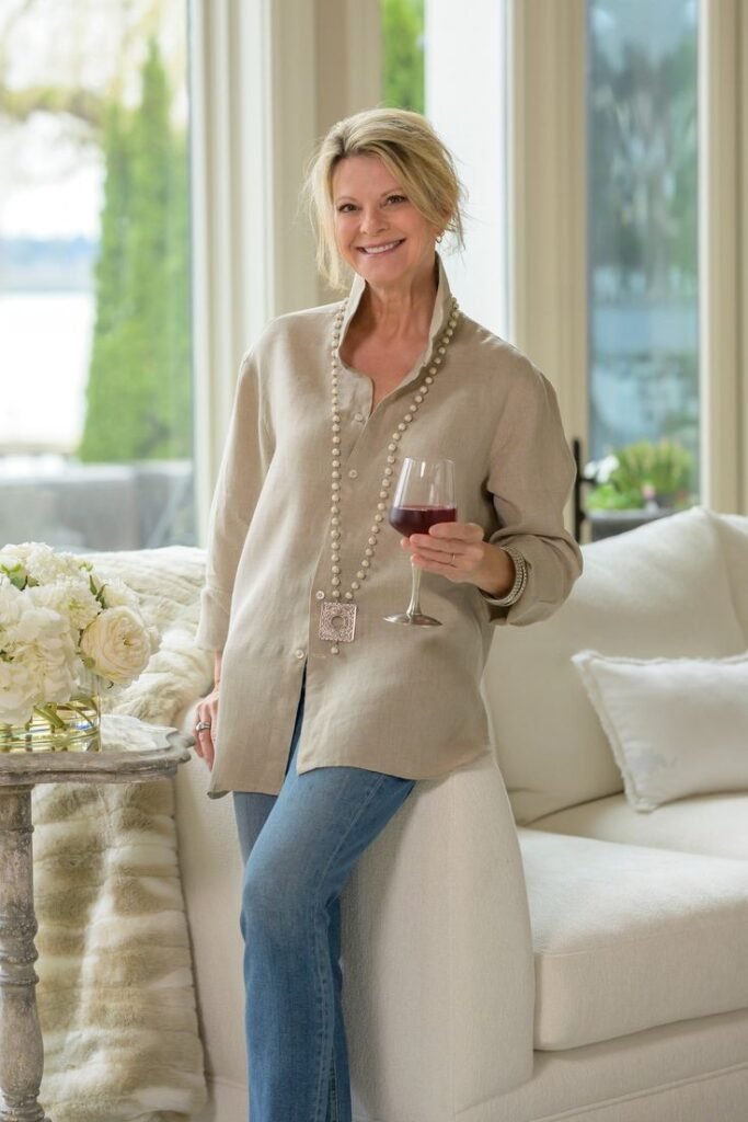 Oversized Sage Linen Button-Down + Slim Fit Blue Jeans + Long Statement Necklace