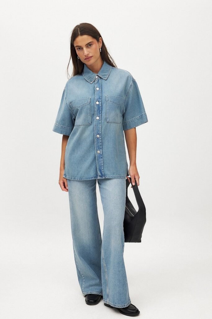 Oversized Short-Sleeve Denim Shirt + Matching Denim Wide-Leg Jeans + Black Loafers