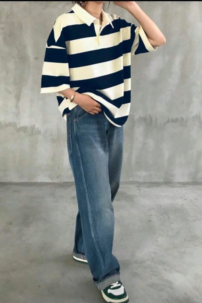 Oversized Striped Polo + Baggy Blue Jeans + Green and White Sneakers