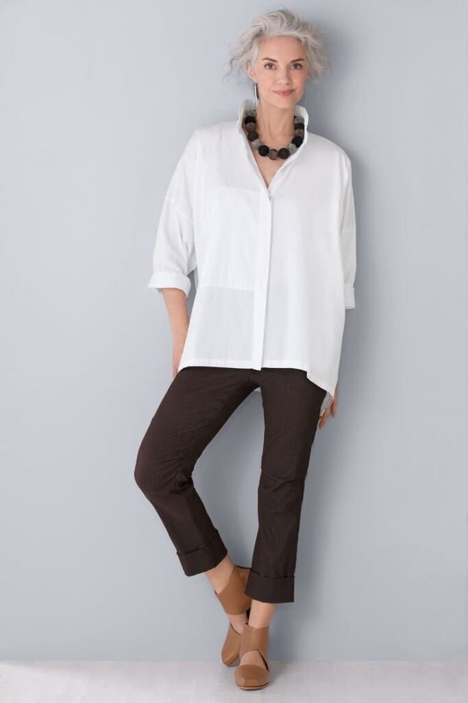 Oversized White Button-Down + Dark Brown Cropped Trousers + Tan Leather Mules