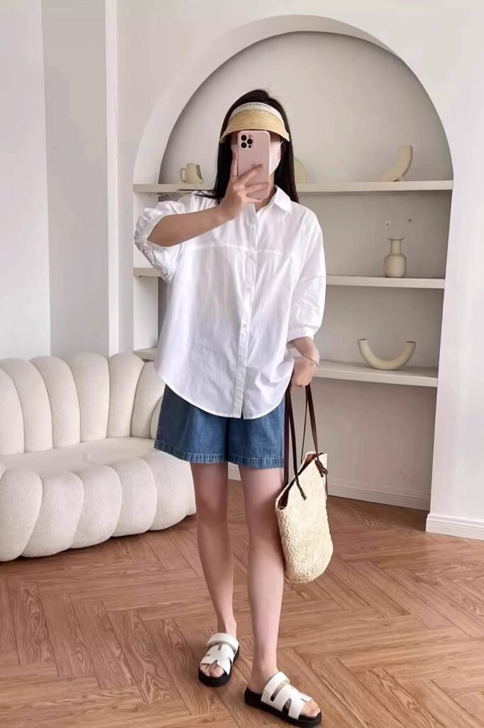 Oversized White Button-Down + Denim Shorts + White Slide Sandals + Straw Tote Bag