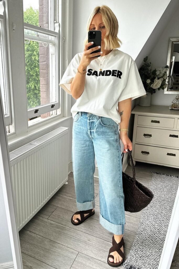Oversized White Graphic T-Shirt + Cuffed Wide-Leg Jeans + Dark Brown Cross-Strap Sandals