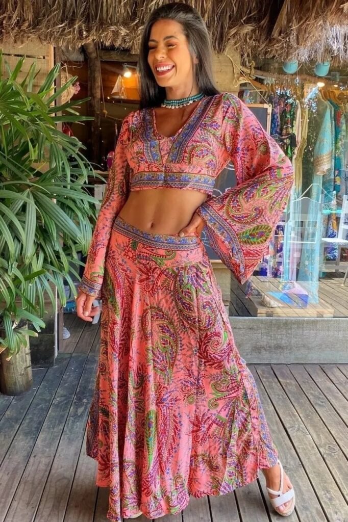Paisley Print Bell-Sleeve Crop Top + Matching High-Waisted Maxi Skirt + White Strappy Sandals