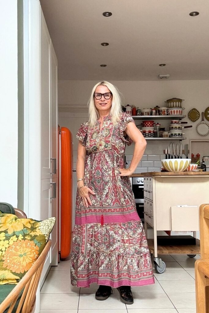 Paisley Print Tiered Maxi Dress + Black Leather Sneakers