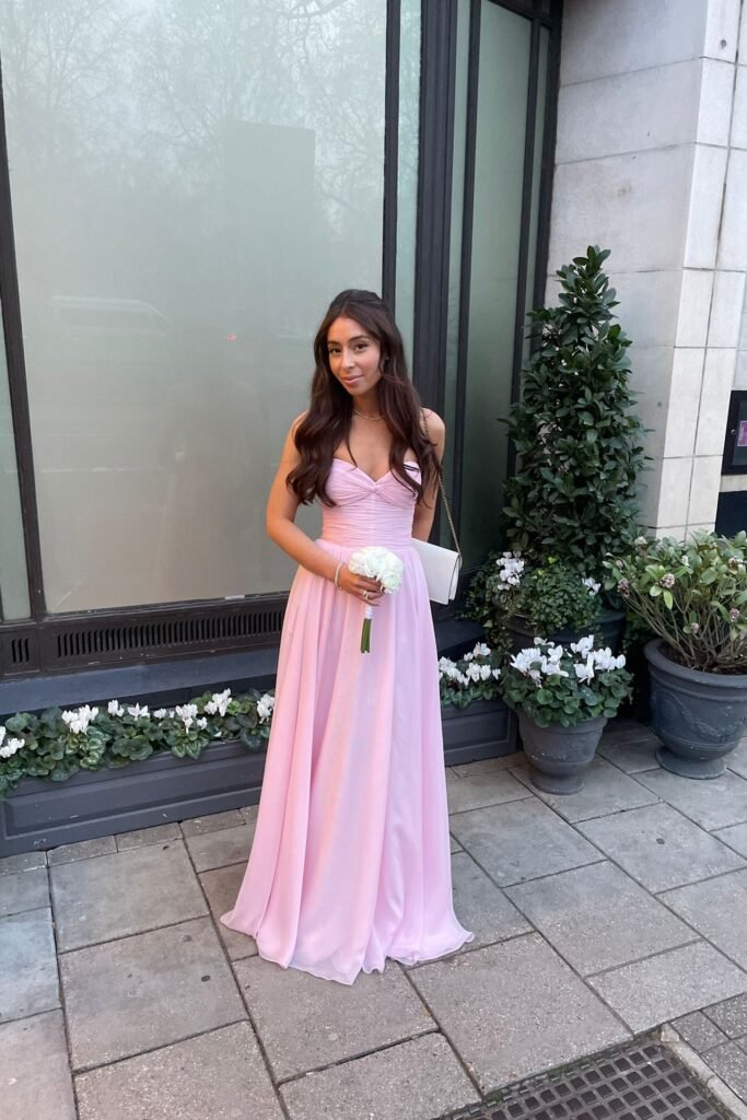 Pale Pink Sweetheart Neckline Chiffon Gown + White Shoulder Bag + White Rose Bouquet